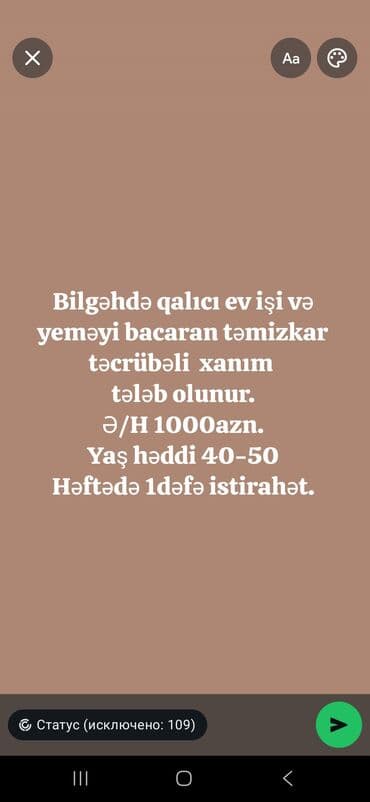 qadın üçün işlər: Bilgəhdə daimi ev işləri və yemək bişirməyi bacaran təmizkar — 1