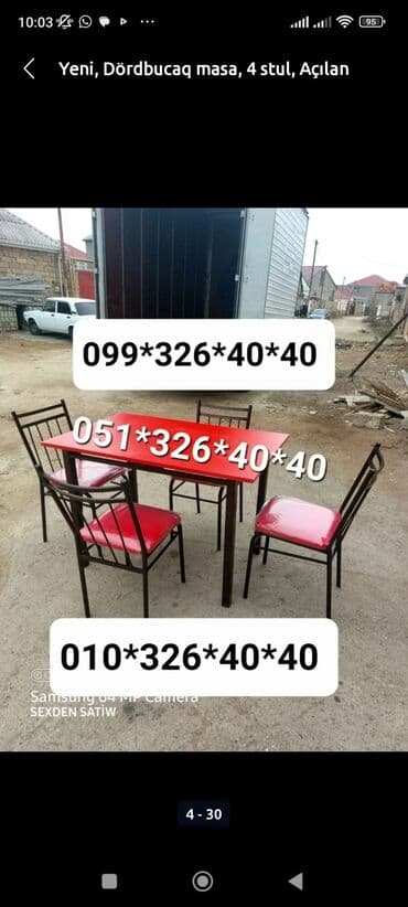 Masa və oturacaq dəstləri: Qonaq otağı üçün, Yeni, Açılan, Dördbucaq masa, 4 stul — 6