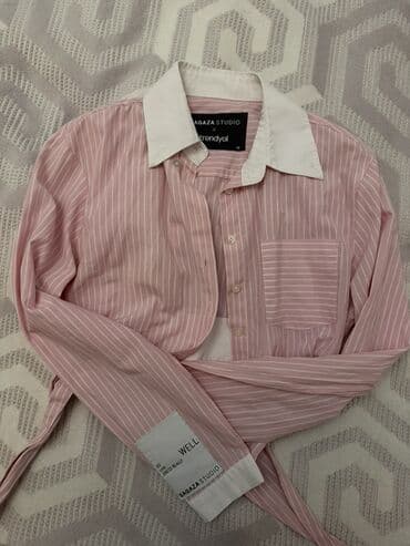 köynəy: MAGAZA STUDIO x Trendyol qadın köynəyi - Rəng: açıq çəhrayı, ağ nazik — 1