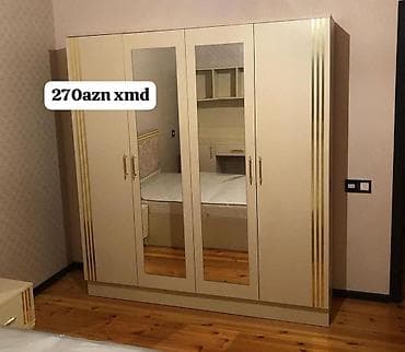 4 qapılı, Güzgülü, Bej, Açılan, Düz dolab