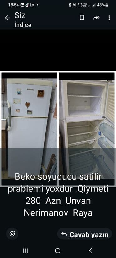 2 qapılı Beko Soyuducu Satılır, rəng - Ağ