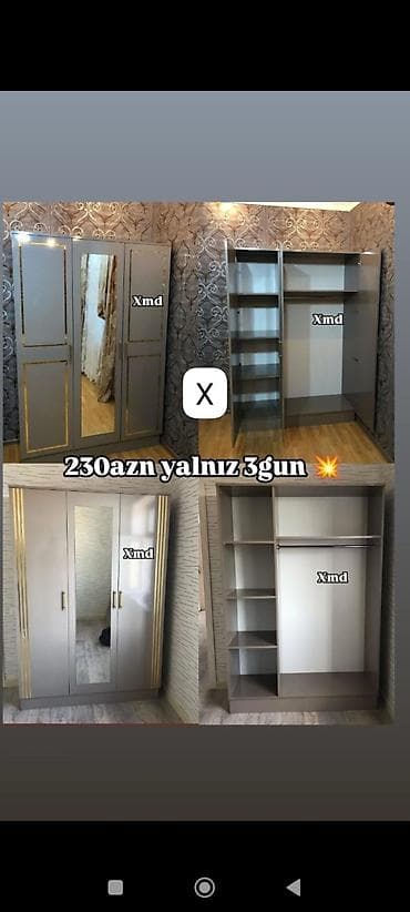 paltar dolab: Üç qapılı geyim dolabı - Rəng: boz tonlarda, qızılı dekor xətləri - — 1
