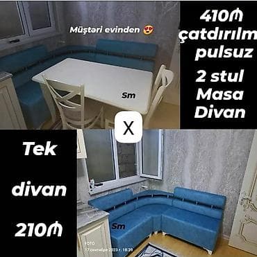 Mətbəx üçün künc dəsti Komplekt: - Künc divan (mavi rəng, yumşaq