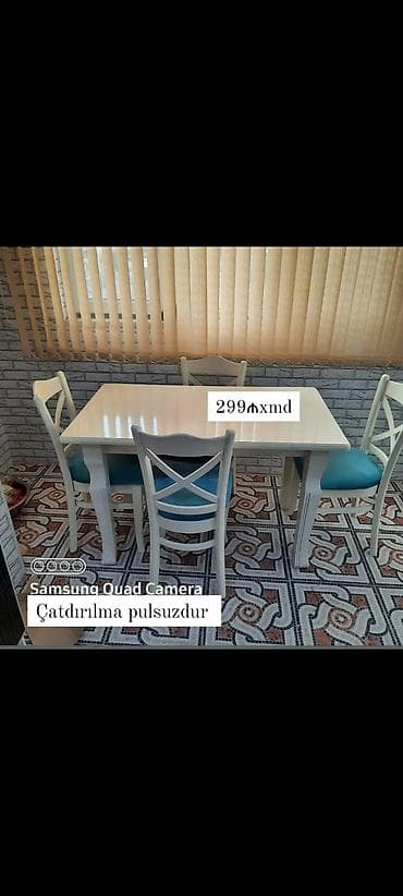Mətbəx/dinə otağı üçün masa və 4 ədəd stul dəsti. - Rəng: ağ masa