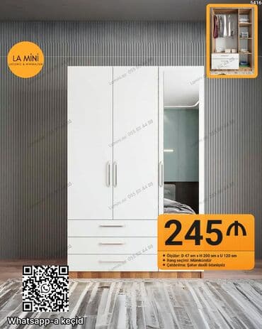 açılan masalar: Açılan, 3 qapılı Düz dolab, Qarderob, paltar dolabı — 1