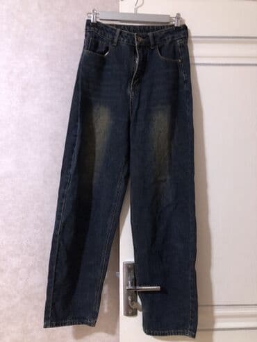 Qara-blu rəngli jeans şalvar - Kəsim: straight/relaxed fit, yüksək