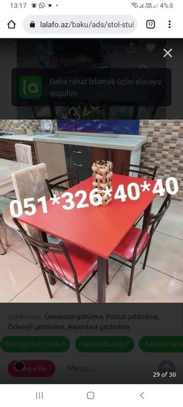 Masa və oturacaq dəstləri: Qonaq otağı üçün, Yeni, Açılan, Dördbucaq masa, 4 stul — 25