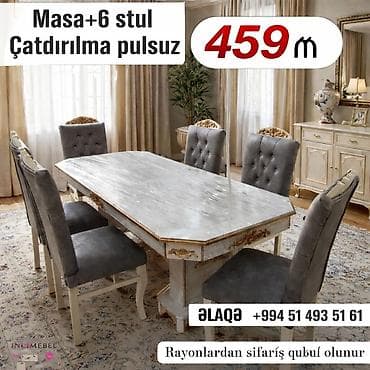 masa ve stul: Qonaq otağı üçün, Yeni, Açılmayan, Dördbucaq masa, 6 stul — 1