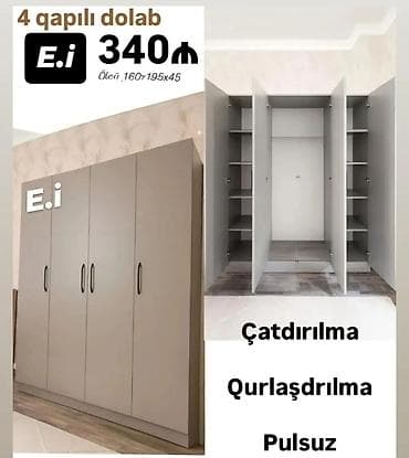 4 qapılı paltar dolabı - Rəng: açıq boz - Tutacaqlar: qara, rahat