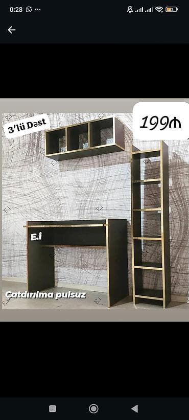 stol ustul: 3’lü masa–rəf dəsti - Tərkib: 1 iş masası, 1 asma divar rəfi (3 — 1