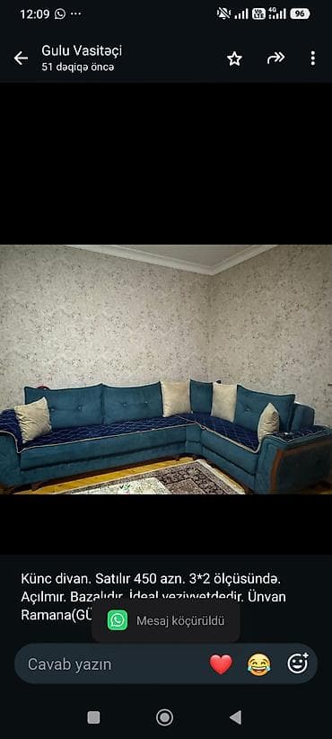 gulle: Künc divan. Satılır 450 azn. 3*2 ölçüsündə. Açılmır. Bazalıdır. İdeal — 1