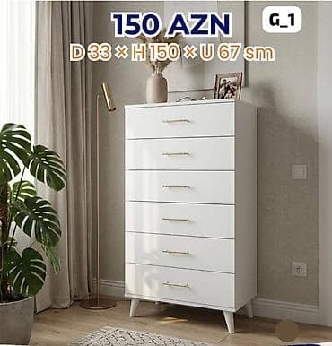 pilleken alti skaf: Ağ rəngli, minimal dizaynlı çekmecəli komod. Ümumi ölçülər: dərinlik — 1