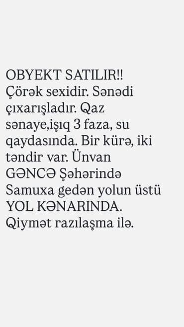 lenkeranda satilan obyektler: Obyekt satılır – çörək sexi. Xüsusiyyətlər: - Sənədi çıxarışlı - Qaz — 1