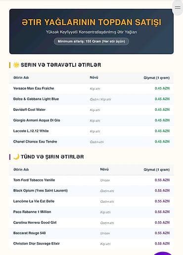 TOPDAN ƏTİR YAĞLARI 45 qəpik Bütün Ətirlerə Aiddir– Yüksək