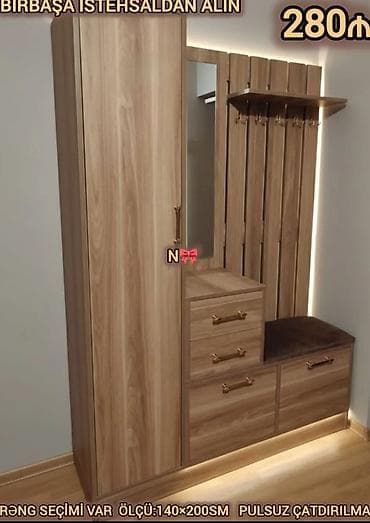 Yeni, 1 qapı, Güzgülü, Digər rəng, Digər material, Açılan, Düz dolab