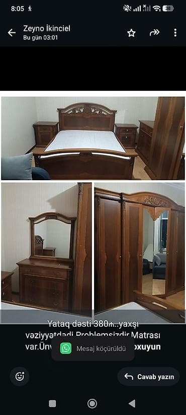 Yataq dəsti 380₼. yaxşı vəziyyətdədi.Problemsizdir.Matrası var.Ünvan — 1