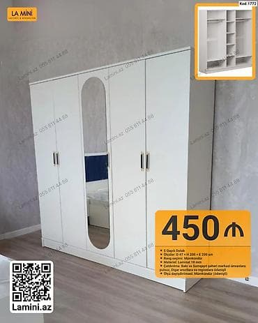 5 qapılı şkaf – Kod: 1772 - Ölçülər: D 47 × H 200 × E 200 sm - — 1
