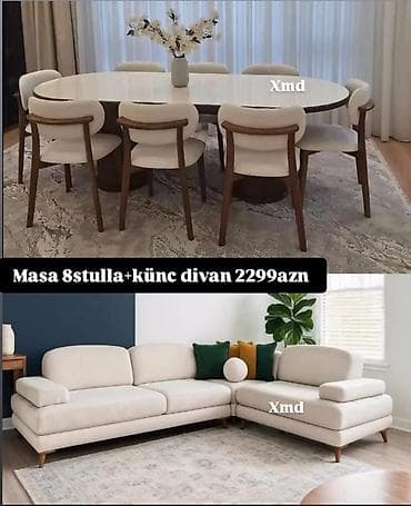 bag evleri ucun stol stul: Mebel dəsti: yemək masası + 8 ədəd stul və L şəkilli künc divan - — 1