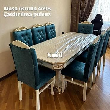 stol balaca: Klassik üslubda yemək dəsti: uzun düzbucaqlı masa və 6 ədəd yumşaq — 1