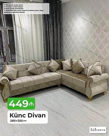 Künc Divan – 280×200 sm - Mexanizm: açılan, bazalı (yataq funksiyalı