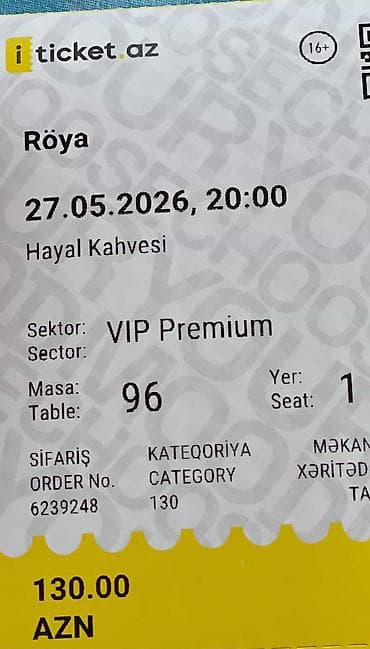 duman bilet: 27 May Hayal Kahvesinde baş tutacaq Röya konsertine Vip Premium 2 — 1