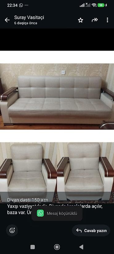 Divan dəsti 150 azn Yaxşı vəziyyətdədir. Divanda kreslolarda açılır — 1