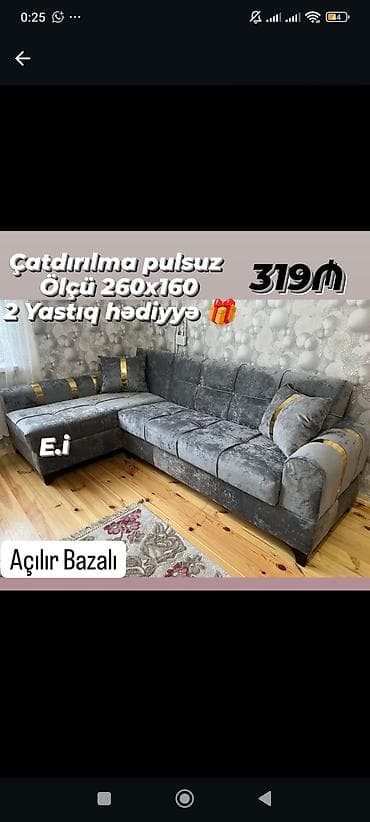 Künc divan – açılır bazalı model - Ölçü: 260 x 160 sm - Rəng: boz