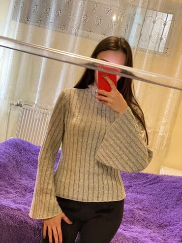 женские длинные кофты: Qadın sviteri - Rəng: açıq boz, nazik tünd-boz şaquli zolaqlarla - — 3