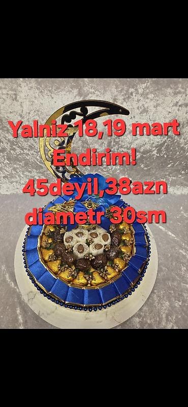 drel dəsti: Şirniyyat hədiyyə səbəti - Diametr: 30 sm - Tərtibat: qızılı və mavi — 1