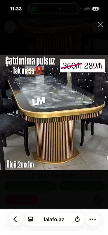 Tək masa – ölçü: 2 m x 1 m - Modern dizaynlı, oval künclü geniş üst