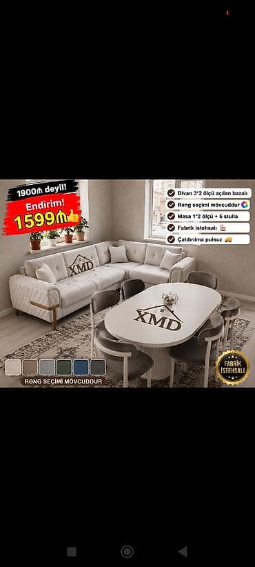 reception masa: Qonaq otağı dəstı – yumşaq künc divan + yemək masası və 6 ədəd stul - — 1