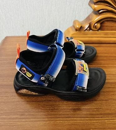 Детская обувь: Uşaq sandaləri - Rəng: mavi-qara, narıncı detallarla - Material — 2