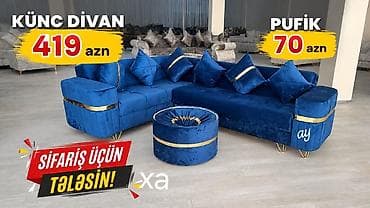 metbexd mebeli: Mavi məxmər künc divan və pufik dəsti - Künc divan: 419 azn (şəkildə — 1