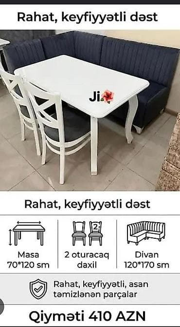 Mətbəx/yorğunluq künc dəsti Tərkibi: - Masa: 70×120 sm, ağ rəngdə
