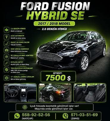🟦 FORD FUSION HYBRID SE – 2018 🔹 İl: 2017 (Model 2018) 🔹 Mühərrik: 2.0
