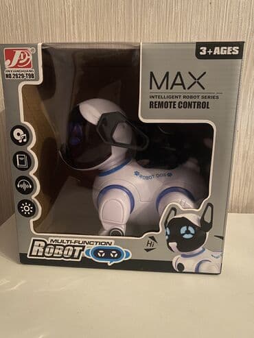 Oyuncaq/ robot dog/ teze/butun funksialarin fotosu korobkanin ustunde