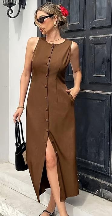 hicablı don: Qadınlar üçün qolsuz, düyməli midi don - Rəng: isti şokolad/qəhvəyi - — 2