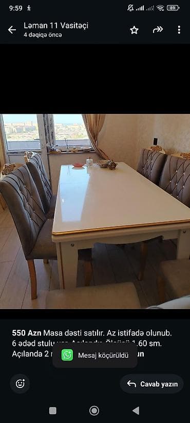 *550 Azn* Masa dəsti satılır. Az istifadə olunub. 6 ədəd stulu var — 1
