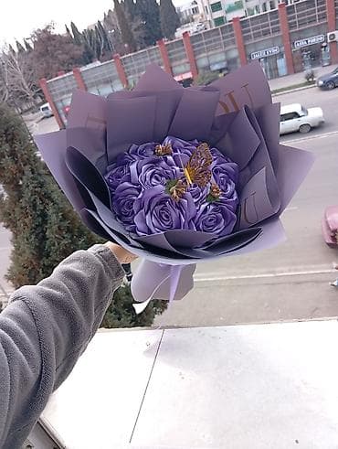 bitki dərmanları: Bənövşəyi tonlarda dekorativ gül dəsti buketi - Material: Süni — 1