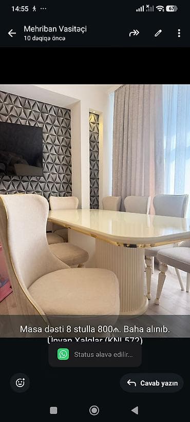 Masa dəsti 8 stulla 800₼. Baha alınıb.
Ünvan Xalqlar (KNL572)
Mehi Ⓜ️ lalafo.az -da Masa dəsti 8 stulla 800₼. Baha alınıb.
Ünvan Xalqlar (KNL572)
Mehi Ⓜ️