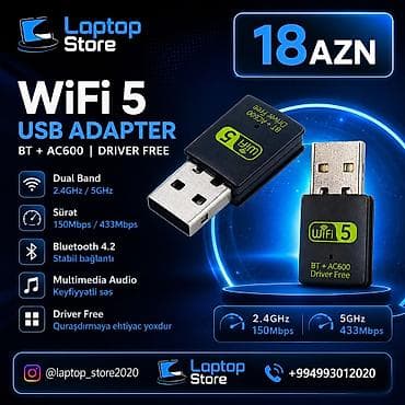 bluetooth aparatı: WiFi 5 USB Adapter (BT + AC600) – 18 AZN Kompüter və ya notebookunuza — 1