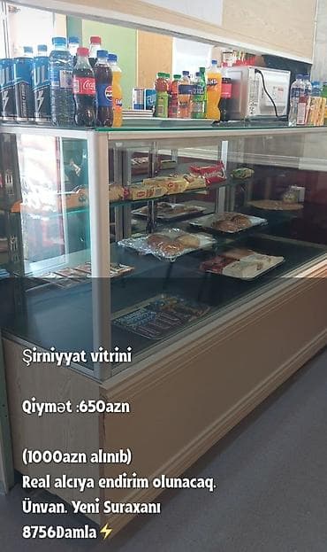 Şirniyyat vitrini - Şüşə vitrin, 3 səviyyəli iç rəflər - Ön və yan