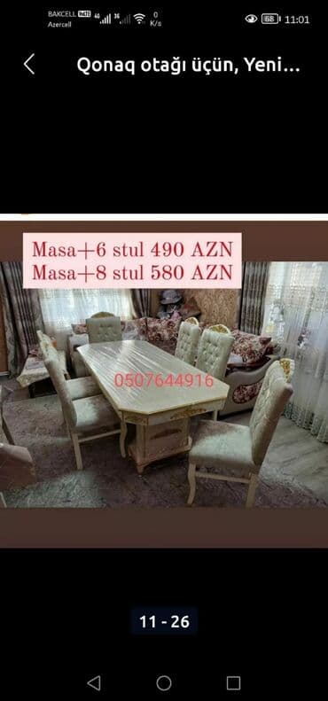 iwlenmiw masa: Qonaq otağı üçün, Yeni, Açılmayan, Dördbucaq masa, 6 stul — 5