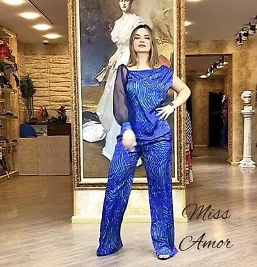 qaqa desti: Mavi-yaşıl naxışlı qadın dəst - 2 hissəli dəst: geniş kəsimli şalvar — 2