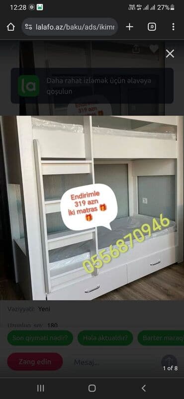 iki mertebe kiravat: Oğlan və qız üçün, Yeni, Çarpayı, Matras ilə, Siyirməli, Laminat — 2