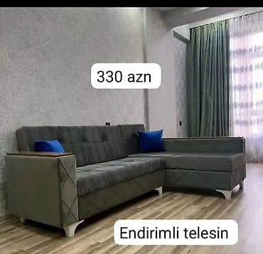 L‑şəkilli künc divanı - Rəng: tünd boz (iki ədəd mavi dekor yastıqla)