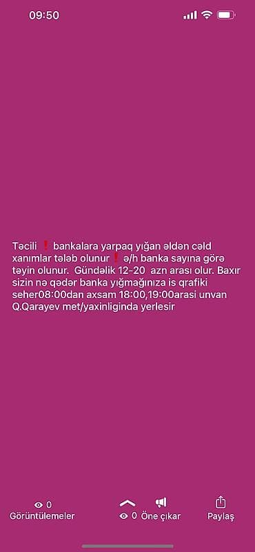 Tecili xanim isciler teleb olunur