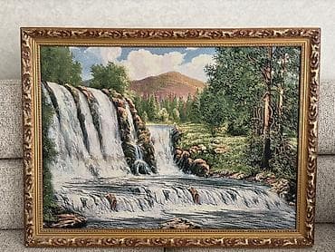 Yağlı boya tablo – Şəlalə mənzərəsi - Mövzu: Dağ ətəyində meşəlik