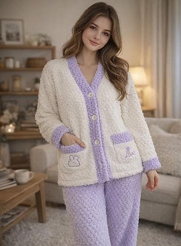 ecemide qadın geyimleri instagram: - Qadın üçün - 2 parça: jaket və şalvar - Rəng: krem-ağ və bənövşəyi — 1