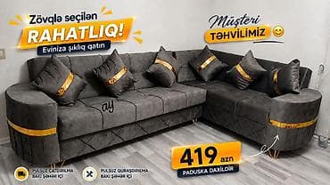 divan mobilya: - Künc divan dəsti – müasir dizayn, tünd boz məxməri parça - Qızılı — 1